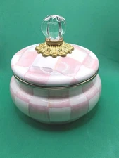 MacKenzie Childs ROSY Check Enamel Squashed Pot Canister Pink & White Checked