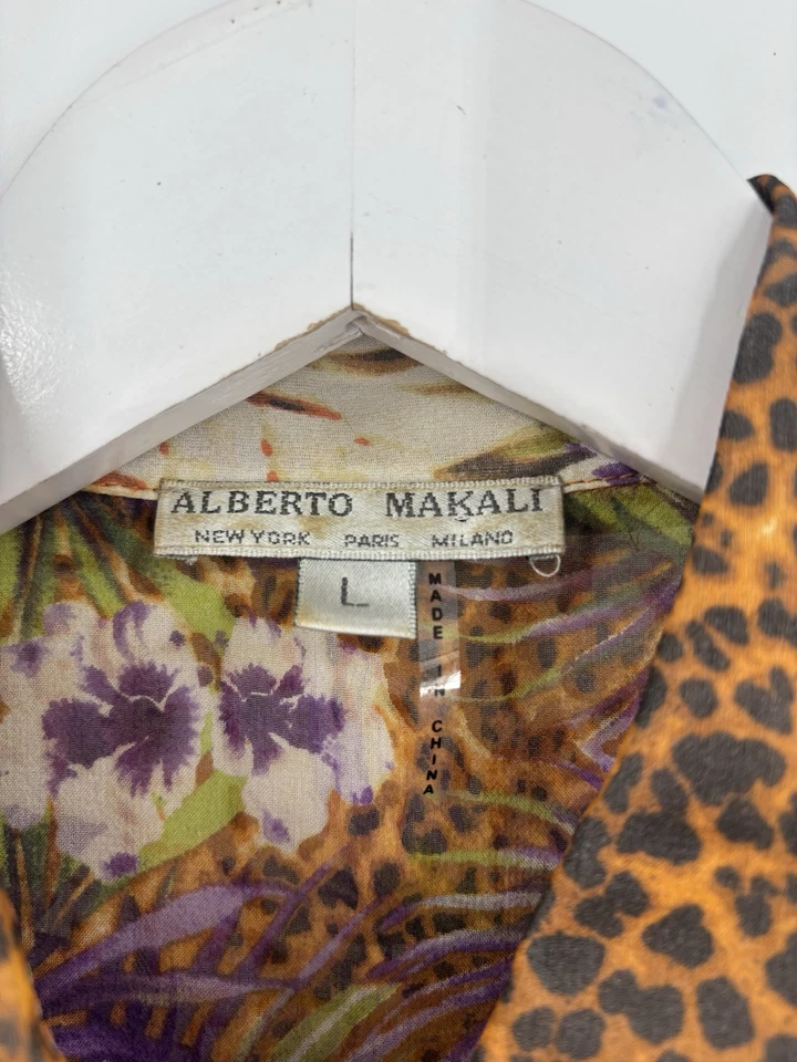 Top donna Alberto Makali con bottoni grande marrone viola 100% seta leopardato floreale - Immagine 3 di 4