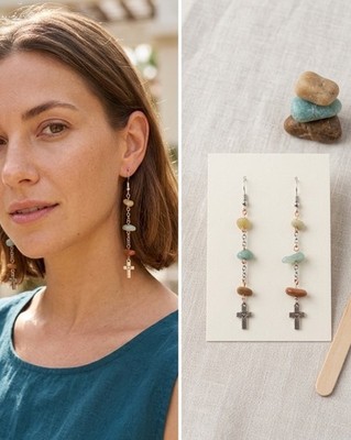 Handcrafted natural stone chip dangle earrings with a cross charm