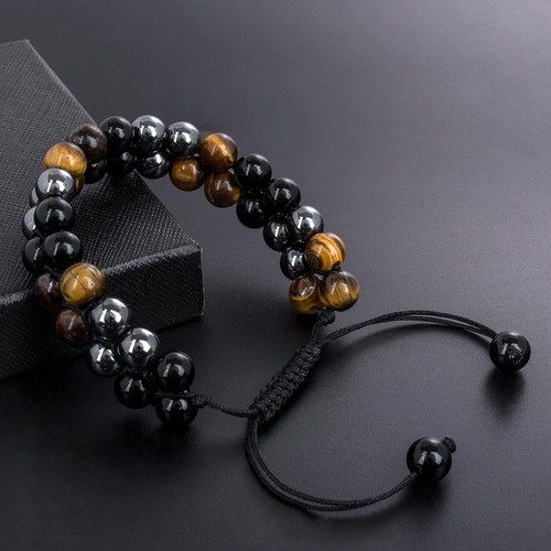 2Pcs Triple Protection Bracelet Genuine Tigers Eye Black Obsidian Hematie Bangle - Picture 8 of 43