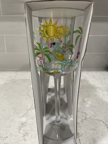 Set 2 FLAMINGO & TOUCAN Tropical Acrylic 19oz Wine Stemmed Glasses Cups BPA Free - Picture 3 of 5
