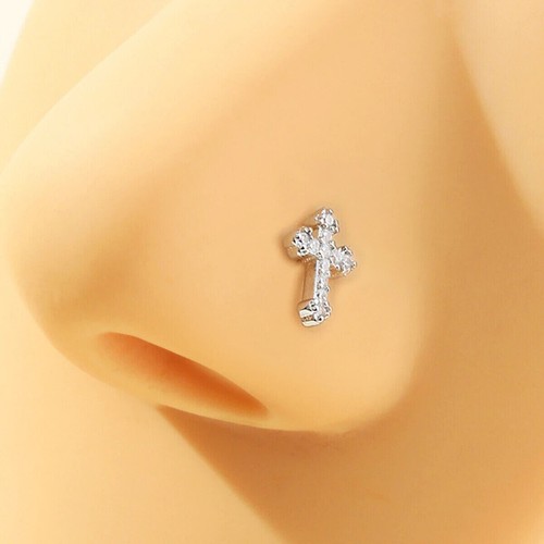 Natural Diamond Cross Shape Real 14k White Gold Nose Piercing Nose Pin - Picture 5 of 9