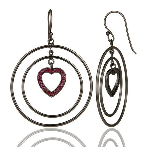 Oxidized Sterling Silver Pave Set Ruby Heart Design Multi Circle Dangle Earrings - Image 3 of 4