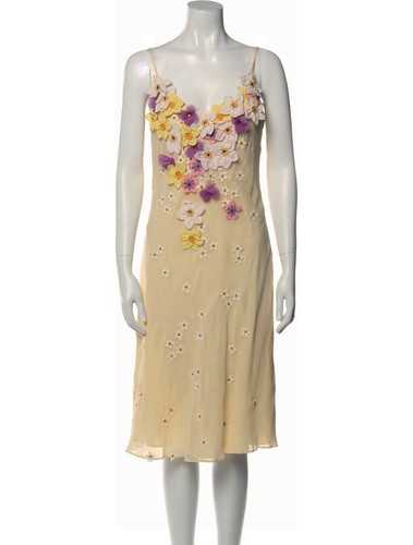 MOSCHINO IVORY LEMON 3D FLOWER APPLIQUES BEADED SILK SLIP DRESS USA 12 IT46 PURP - Picture 13 of 14