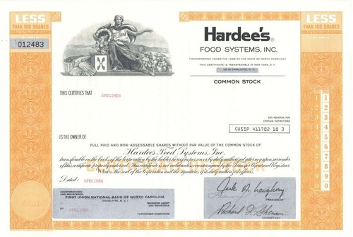 Hardee's Food Systems, Inc. - Specimen Stock Certificate - Specimen Stocks & Bon