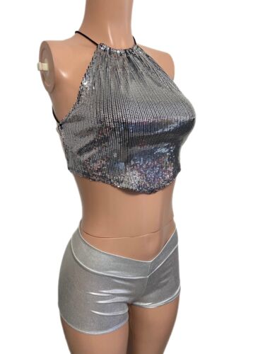 Y2K silver Sequin crop top new Glam Party Clubbing Top Stretch Straps M Fairy - Picture 3 of 9
