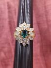 Ring 4.75 Jewelry Statement Costume Fashion Gold Tone Green White Crystals Domed