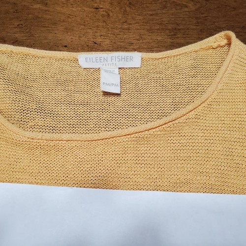 EILEEN FISHER PM Organic Linen Knit Round Neck Oval Hem Top Cantaloupe Yellow - Picture 4 of 6