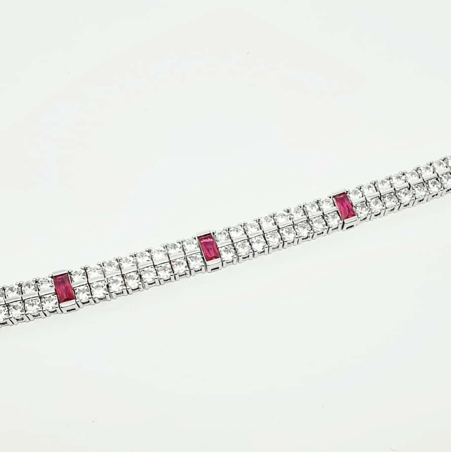 Double Row white gold finish Created Diamond and red ruby tennis bracelet - Image 4 of 4