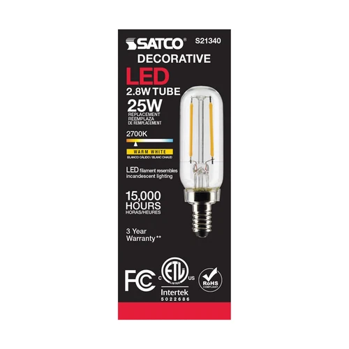 Satco S21340 LED Filament Tube 120V 2.8W =25W T6 Candelabra E12 2700K Warm White - Picture 8 of 11