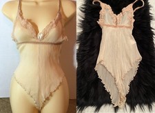 Vtg PLEATED SHEER Teddy Bodysuit Playsuit Beige/Nude Lace Darling Small XS 717