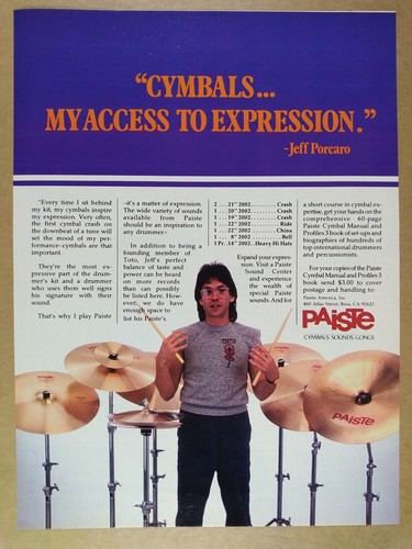 1983 Paiste Cymbals Jeff Porcaro of Toto photo vintage print Ad