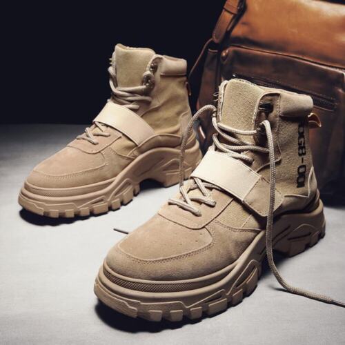 Men's High Top Tooling Boots with Round Toe and Low Heel Plain Pattern Front Tie - Picture 2 of 23