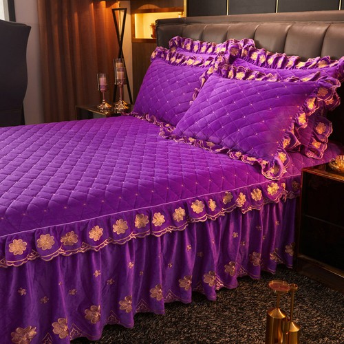 Queen Quilted Bedspread Set King Velvet Luxury Embroidery Bed Skirt Ruffle Thick - Picture 57 of 59