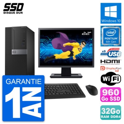 PC tour DELL 7050 Bildschirm 22 '' Intel G4400 RAM 32Go SSD 960Go HDMI Windows 10