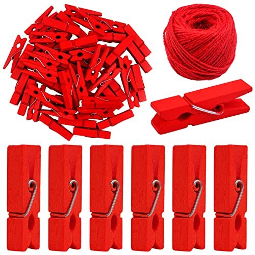 50 Pieces Wooden Clothespins Photo Paper Clips Mini Laundry Peg Pins with Red - Picture 1 of 6
