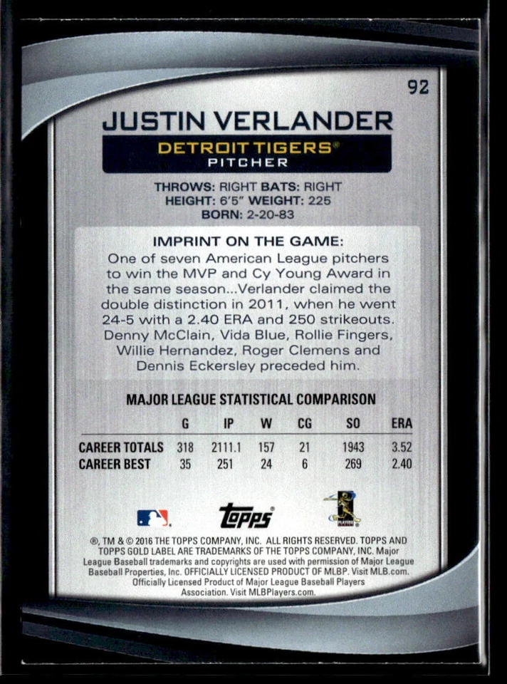 Justin Verlander - 2016 Topps Gold Label #92 Detroit Tigers - Image 2 of 2