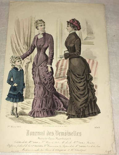 Lovely Hand-Colored Fashion Print  Ladies  Journal des Demoiselles  Paris  1880 - Picture 1 of 2