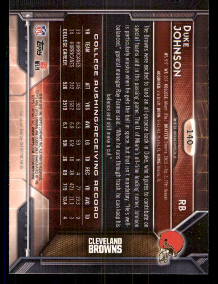2015 Topps Chrome Refractors #140 Duke Johnson - Image 2 of 2