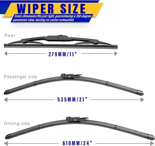 Windshield Wiper Blades For 2013-2016 GMC Acadia 24"/21"/11" Pinch Tap Set of 3 - Picture 2 of 8