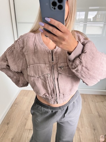 ZARA new short cropped 100% linen brown pink GRETA bomber summer jacket size L - Picture 10 of 10