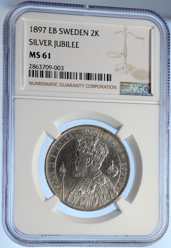1897 SWEDEN King Oscar II Shield Old SWEDISH Silver 2 Kronor Coin NGC i106263 - Picture 3 of 4