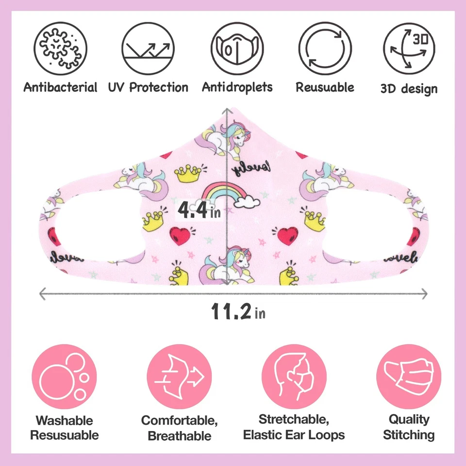 12 PC Kids Rainbow Unicorn Theme Washable Reusable Face Mask For 6-10 Years Old - Image 2 of 4