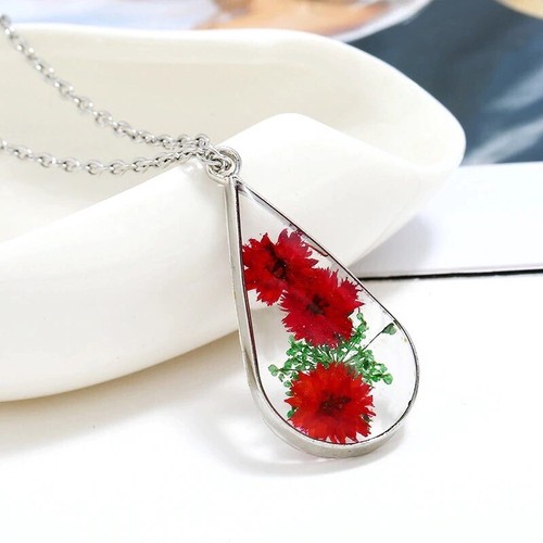 Handmade Boho Dried Flower Pendant Necklace Earrings Jewelry Set Red Silver - Picture 3 of 8