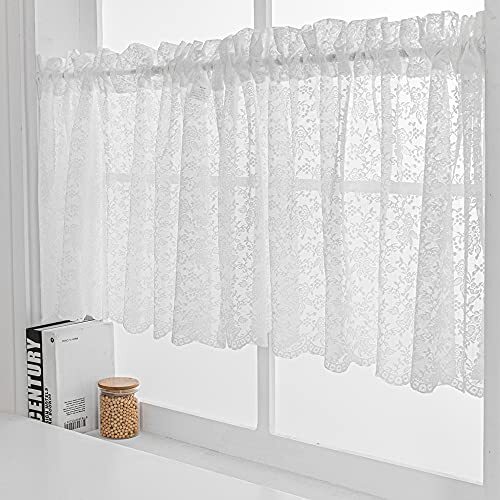 Floral Rose Lace Sheer Window Curtain Valances 52W x 18L Inch, 1 Panel White - Picture 2 of 6