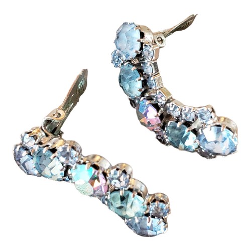 Set Orecchini Clip Spilla Ghiaccio Blu Strass Vintage Karu Arke Firmati - Foto 12 di 12