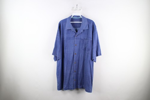 Vintage Tommy Bahama Herren XL verblasste Seide geometrisch Kragen Knopf Hemd blau