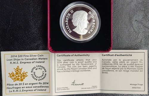 2014 $20 PURE FINE SILVER: LOST SHIPS IN CANADIAN WATERS. ONLY 7000 MINTED. - Picture 6 of 12