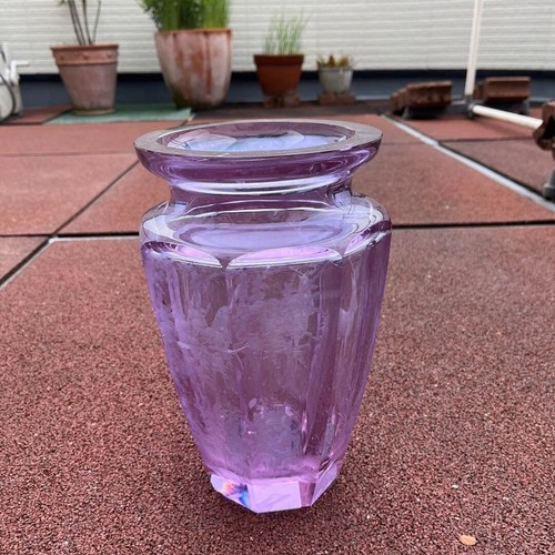 Moser Crystal Vase Hand-Carved Deer Floral Design Clear Purple Octagon 27cm - Picture 4 of 16