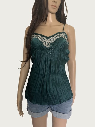 Le Chateau Women's Beaded Embroidered color Emerald Strap 100% Silk Top SIZE S-M - Picture 2 of 10