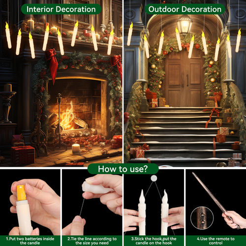 Floating Hanging Flickering Flameless LED Taper Candles with Magic Wand Remote - Picture 10 of 12