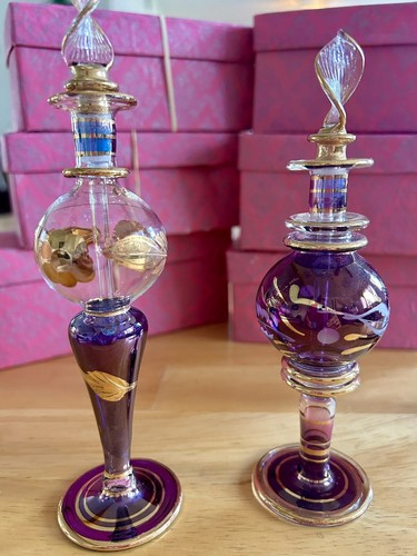 3 Egyptian Hand Blown & Painted Glass Perfume Bottles Gold Etched Teardrop Tops - Picture 7 of 10