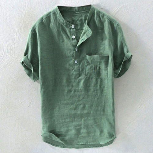 Mens Linen Cotton Short Sleeve Button Up Shirts Chest Pocket Blouse Tops Summer - Photo 8/14