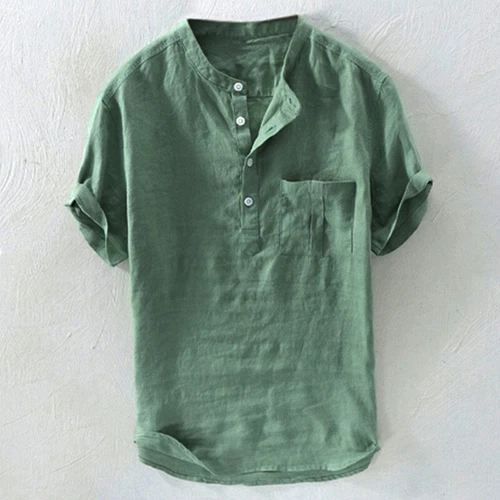 Sommer Herren Leinen Baumwolle Kurzarm Knopfleiste Hemden Brusttasche Bluse Tops - Bild 9 von 14