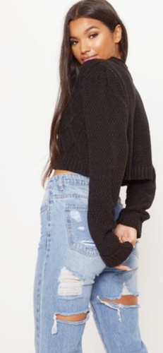 Women Ladies Crop Short Cable Chunky Knitted 3 Button Long Sleeve Cardigan Top - Picture 8 of 20