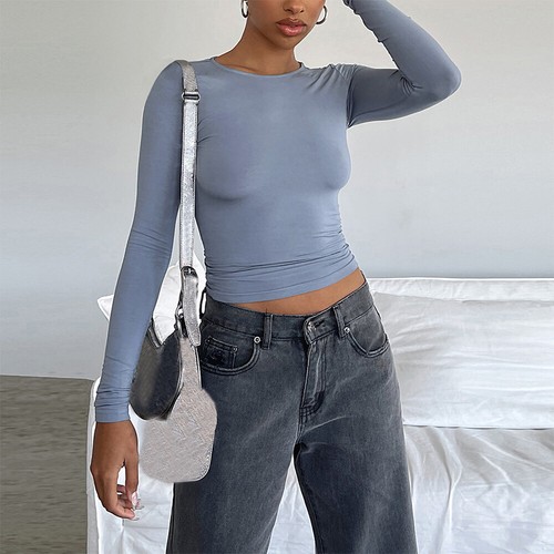 Women Long Sleeve Casual Crop Tops Sexy Chic Club Pullover Shirt Stretch Blouse - Picture 8 of 17