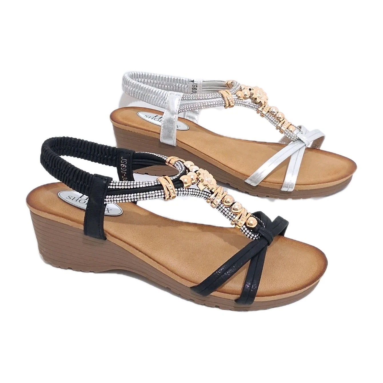 Ladies Sparkly Wedge Sandals Womens Elastic Back Strap Summer Shoes Size 3 To 8