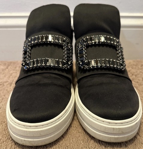 Roger Vivier Black Satin Crystal Embellished Slip On Sneakers 39 White Sole Shoe - Picture 6 of 10