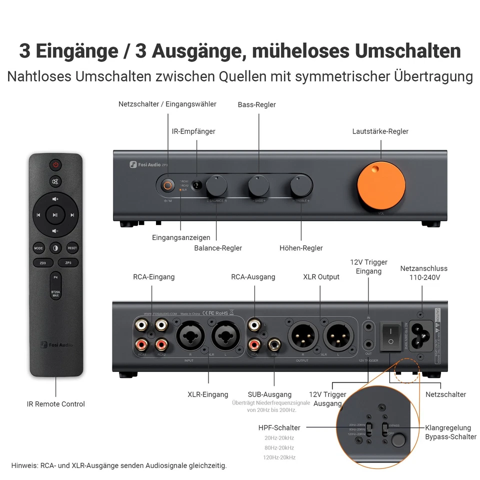 Fosi Audio ZP3 Balanced Symmetrischer Vorverstärker 3-fach Ein/Aus für 2.1System - Bild 3 von 4