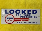 Vintage Mobil Porcelain Enamel Key in Office Place Sign w/ Pegasus Logo