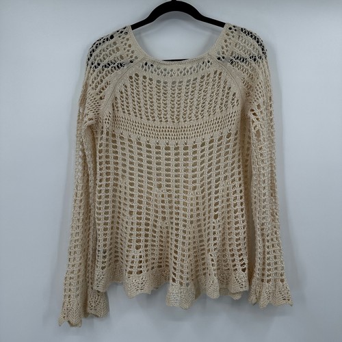 Free People Cream Crochet Knit Long Sleeve Sweater Top Size M - Picture 6 of 9