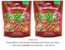 2 PACK Dreambone Twist Sticks,Rawhide-Free Chews For Dogs,Real Chicken, 50-Count