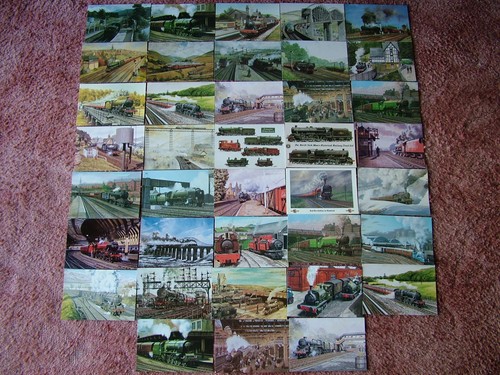 38 Unused M.A. ARTS Postcards of TRAINS / LOCOMOTIVES / RAILWAYS.