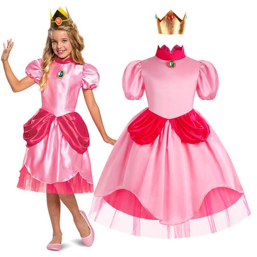 Kind Mädchen Super Mario Peach Prinzessin Pfirsich Kleid Cosplay Kostüm Krone - Bild 7 von 12