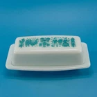 VTG Pyrex Amish Butterprint Turquoise Butter Dish White Milk Glass 2 Pc USA NICE