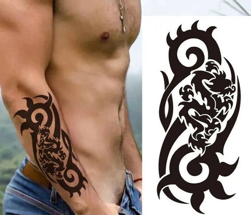 Black Dragon Tribal Temporary Tattoo Waterproof tattoos Womens Mens Sleeve - Picture 1 of 7